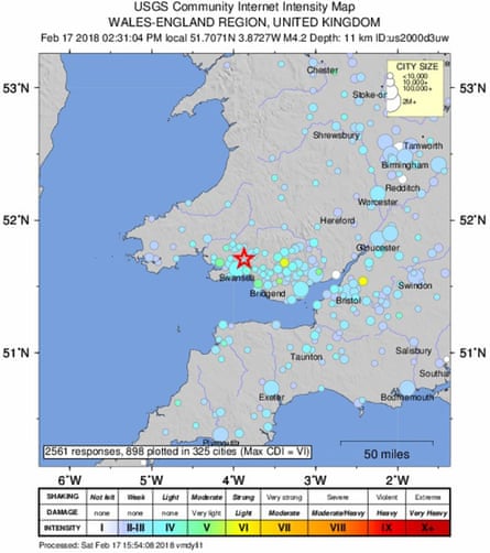 A shake map of the 4.4-magnitude earthquake centred on south Wales.