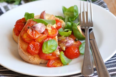Roasted tomatoes on toast, with basil instead of Galasso’s mint