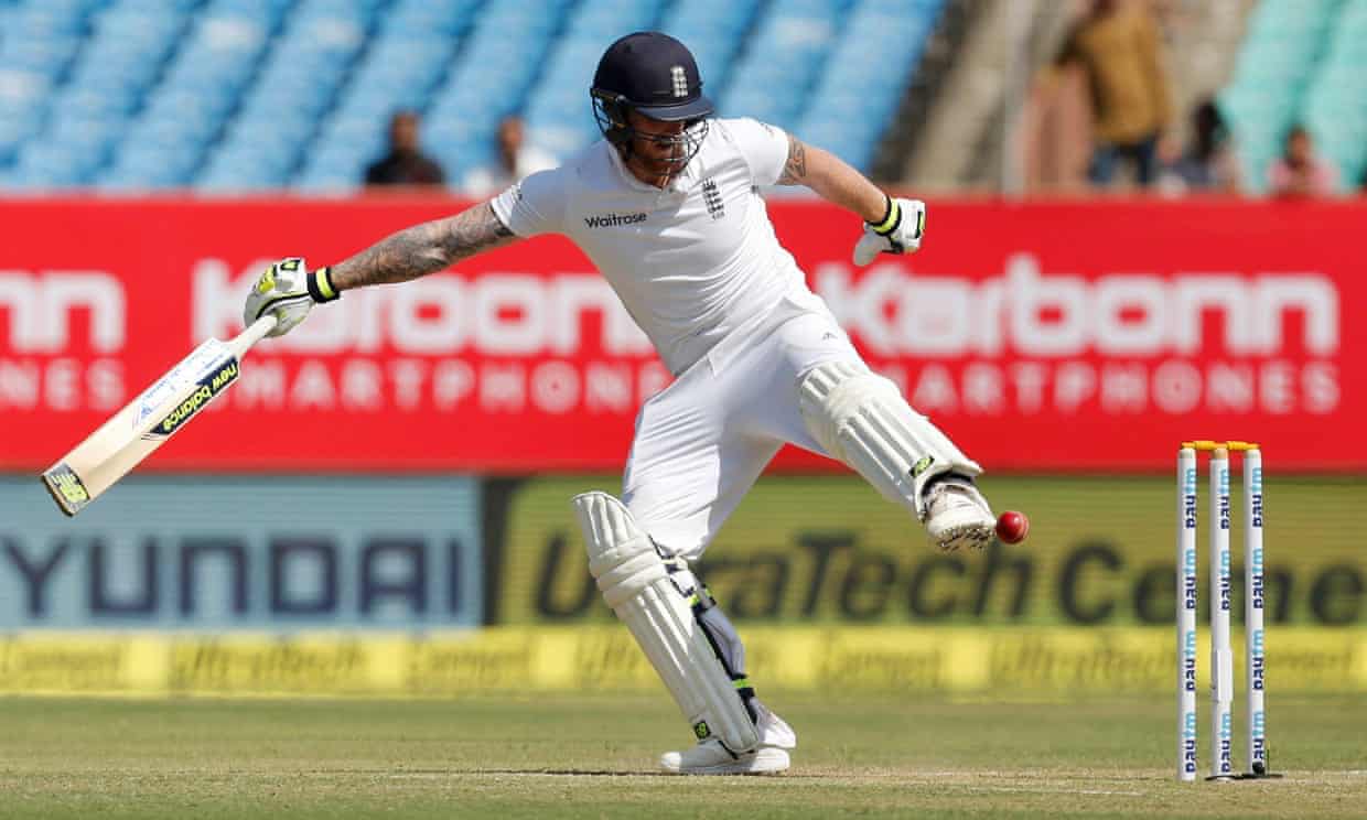 England's Ben Stokes – a centurion on his last Test visit to Rajkot – kicks the ball away from the stumps at the ground in 2016. Photograph: Amit Dave/Reuters