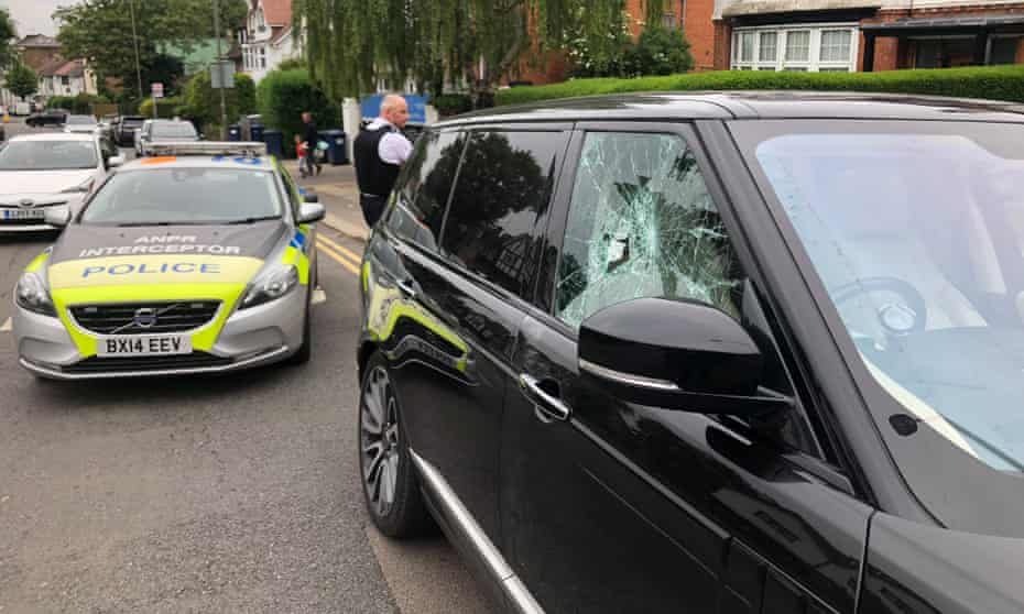 The scene after Michael McIntyre’s Range Rover was attacked by a hammer-wielding moped gang. 