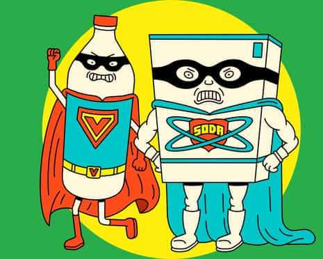 A cartoon of vinegar and bicarb dressed as superheroes.