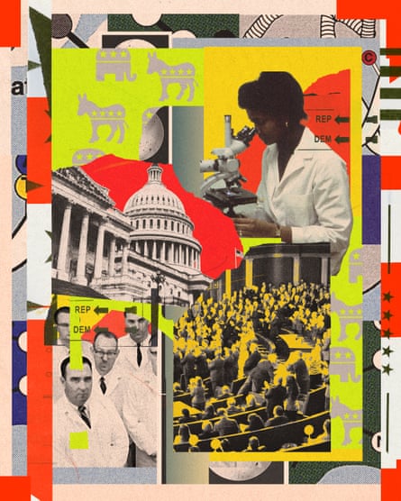 Collage featuring layered images of science and politics. A Black woman in a lab coat looks into a microscope; beside her are older white male scientists in white coats. The U.S. Capitol building and a full congressional chamber appear in black-and-white. Bright overlays include silhouettes of Democratic donkeys and Republican elephants, directional signs labeled “REP” and “DEM,” and abstract shapes in neon red, green, and yellow.