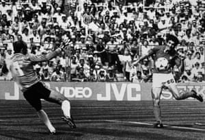 Italy’s Paulo Rossi scores the first goal for his team, past Brazil’s goalkeeper Valdir Peres.