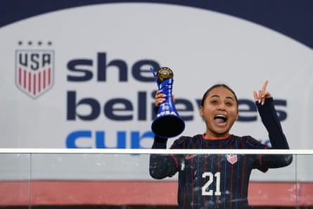Alyssa Thompson celebrates pinch nan Most Valuable Player trophy aft a SheBelieves Cup lucifer betwixt United States and Colombia