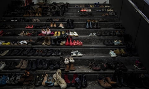 The shoes of homeless Lisbon people who were given temporary shelter in a sports hall during the first Covid-19 lockdown.