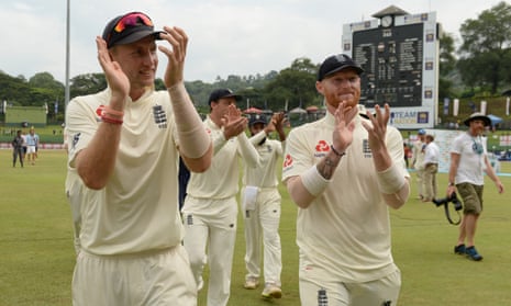 Joe Root and Ben Stokes acknowledge the England fans after victory on the final day.