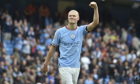 Erling Haaland celebrates after his hat-trick in the 6-3 win over Manchester United earlier this season.