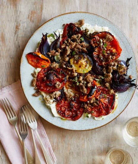 Gill Meller’s barbecued heritage tomatoes with Italian sausage and mascarpone.