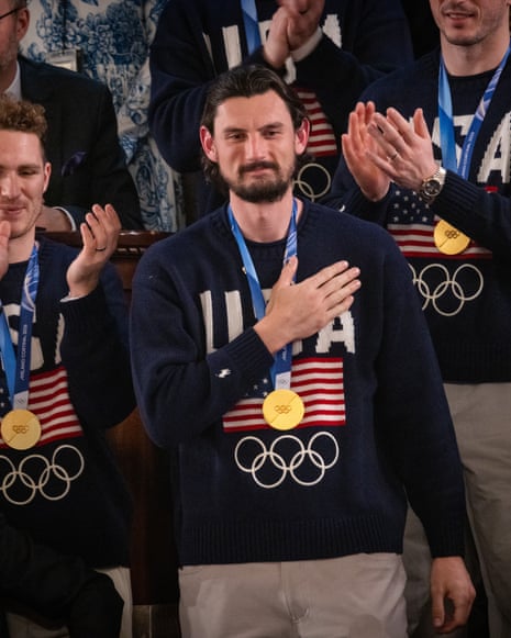 Trump State of the UnionWASHINGTON, DC - FEBRUARY 24: Connor Hellebuyck and other members of the U.S. Menâs Hockey team receive a standing ovation as President Donald Trump delivers his State of the Union address to a joint session of Congress in the chambers of the U.S. House of Representatives in Washington, DC on February 24, 2026. (Photo by Nathan Posner/Anadolu via Getty Images)