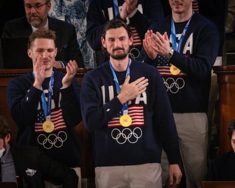 Trump State of the UnionWASHINGTON, DC - FEBRUARY 24: Connor Hellebuyck and other members of the U.S. Menâs Hockey team receive a standing ovation as President Donald Trump delivers his State of the Union address to a joint session of Congress in the chambers of the U.S. House of Representatives in Washington, DC on February 24, 2026. (Photo by Nathan Posner/Anadolu via Getty Images)