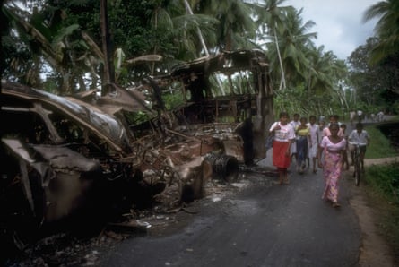 A bus destroyed during the civil war near Matara, Sri Lanka, in 1989.