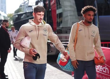 Brentford players Vitaly Janelt and Kevin Schade arrive at the Gtech Community Stadium.