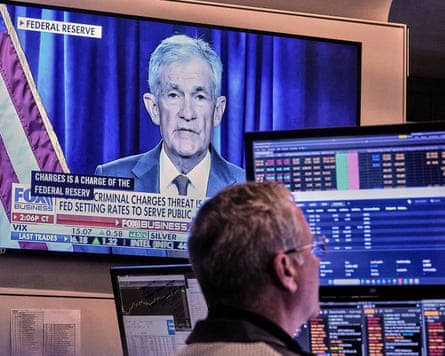 Federal Reserve chair, Jerome Powell, on a screen on the floor of the NYSE