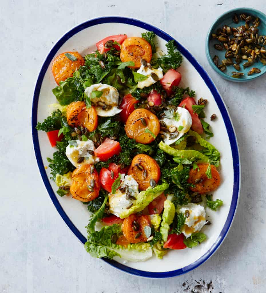 Thomasina Miers’ apricot salad with burrata, kale and crunchy seeds.