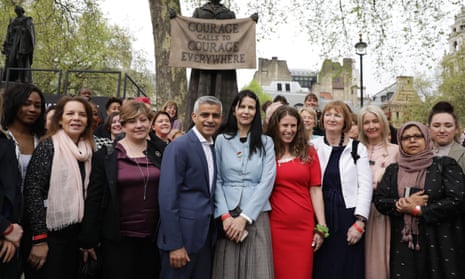 The London mayor, Sadiq Khan, photographed in front of the statue of suffragette Millicent Fawcett with Labour MPs and activists, said he is ‘a proud feminist’. 