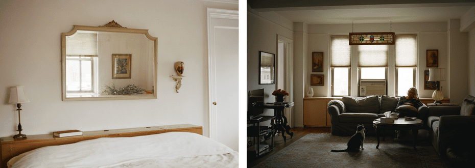 Left: A large gold mirror above a bed; Right: an older woman sits on a couch reading, her cat watches her