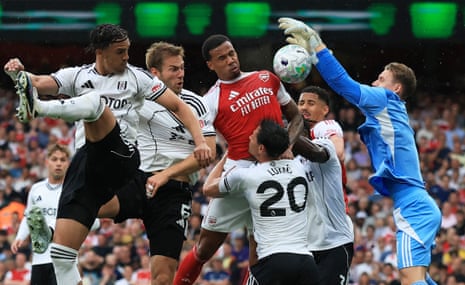 Arsenal's Gabriel Magalhaes has his header saved by Fulham keeper Bernd Leno.