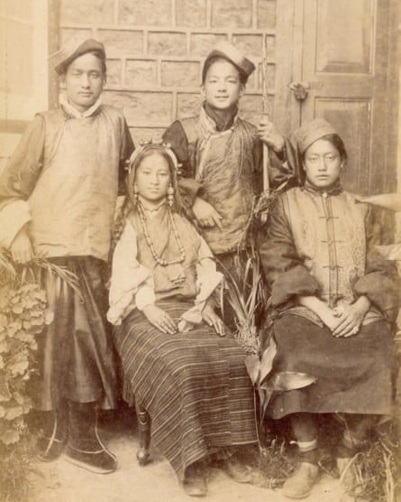 Fred Ahrle, Group of Young Bhutias (Laden La, standing right). Silver albumen print mounted on card, c1890