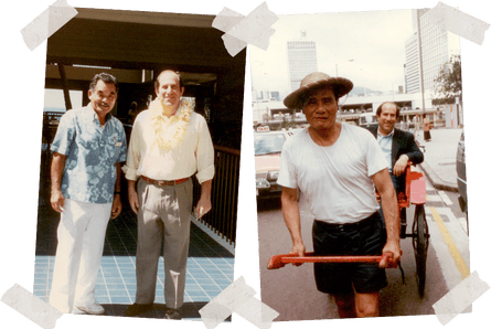 Left: Dad with the Bellman at the Mauna Kea Hotel on the Big Island in Hawaii. Right: Dad in Hong Kong where he shopped before a business meeting and was running late, early 1990s.