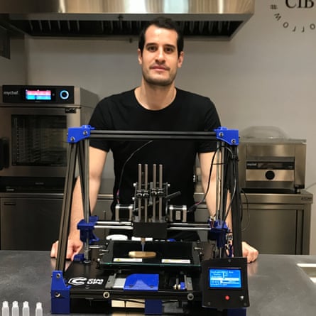Giuseppe Scionti, CEO of Novameat, with a prototype of his printer in 2019