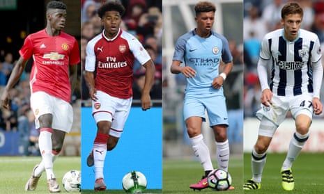 From left: Manchester United’s Axel Tuanzebe, Arsenal’s Reiss Nelson, Jadon Sancho of Manchester City and West Brom’s Sam Field.
