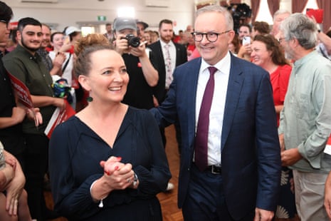 Australian prime minister Anthony Albanese with candidate Mary Doyle at Labor’s Aston byelection campaign launch