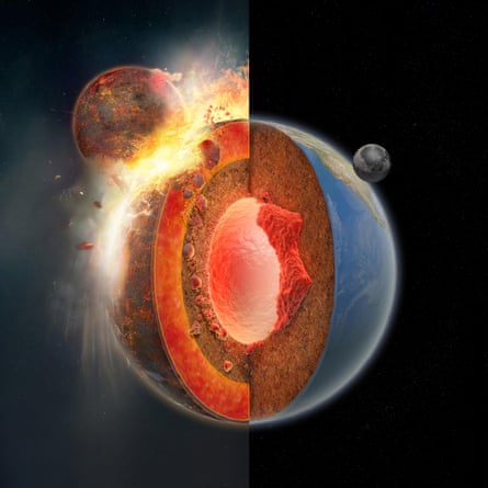 Cutaway illustration of the same interplanetary impact, showing the Earths mantle and core, with parts of the disintegrating smaller planet finding their way below Earth’s surface