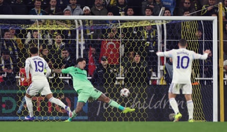 Jadon Sancho beats Fenerbahce’s Ederson with a header to score his first goal for Aston Villa
