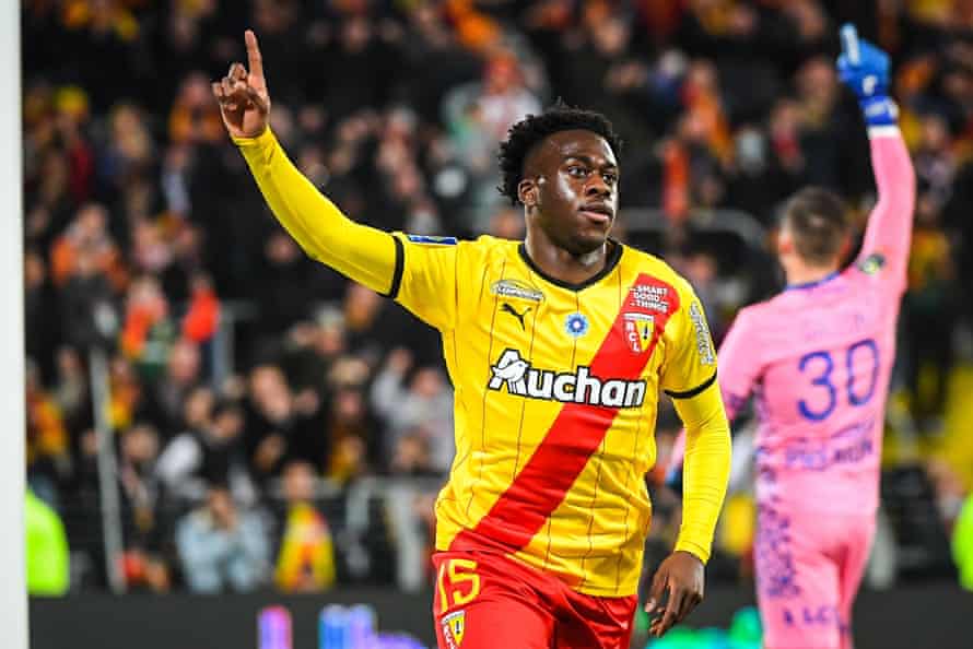 Arnaud Kalimuendo celebrates after scoring for Lens in their 4-0 win over Troyes.