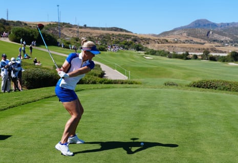 Europe's Charley Hull on the 7th tee during day two of the 2023 Solheim Cup at Finca Cortesin, Malaga.