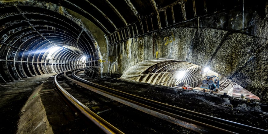 Rail tracks in the tunnels of the former Post Office London Underground Railway.