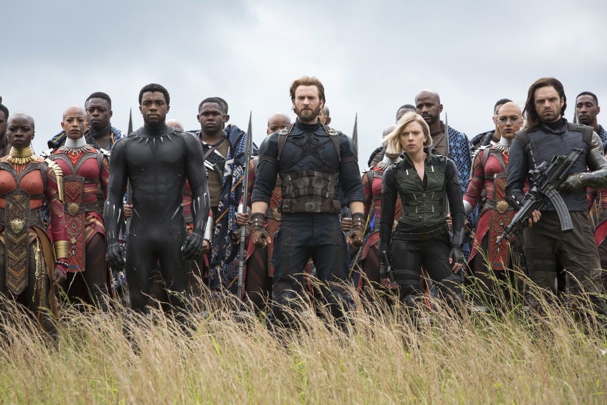 Making uup the numbers … from left, Danai Gurira, Chadwick Boseman, Chris Evans, Scarlet Johansson and Stan in Avengers: Infinity War.
