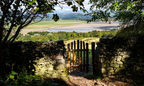 View from Arnside Knot towards Arnside viaduct and the Lake District beyond. 