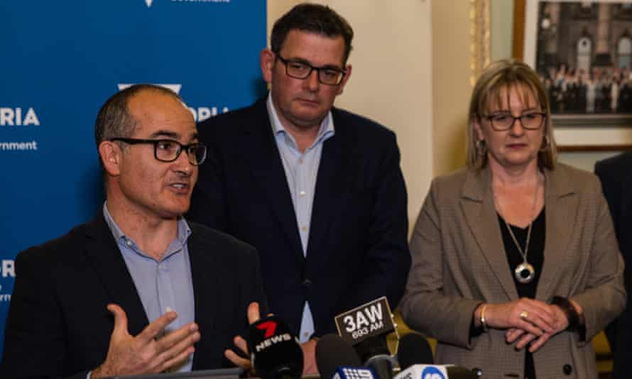 The outgoing deputy premier of Victoria, James Merlino, speaks to media alongside the premier, Daniel Andrews, and Jacinta Allan, who is being put forward for the role.