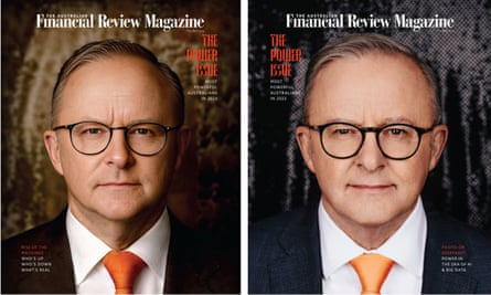 An AI generated image (left) of Anthony Albanese used in the AFR Magazine