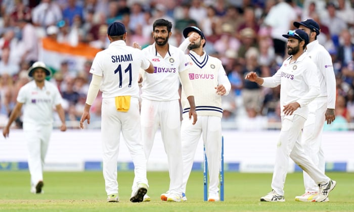 India’s Jasprit Bumrah (centre left) celebrates the wicket of England’s Stuart Broad with teammates.