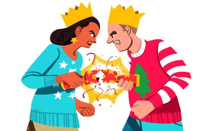 Couple en chapeaux de Noël se disputant sur un dessin animé de cracker