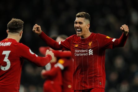 Roberto Firmino of Liverpool celebrates with Xherdan Shaqiri after his side’s over Tottenham in January 2020.