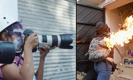 A composite image shows, at left, woman wearing a helmet holds a professional camera to her eye. At right, a person wearing a backpack and protective goggles and a head covering walks past – and seemingly through – a lick of flames.