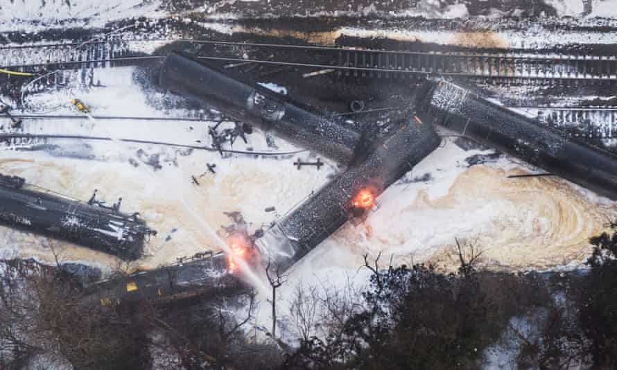 A train carrying crude oil burns after being derailed on 22 December 2020 in Custer, Washington.