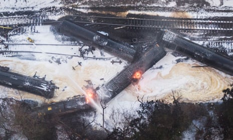 A train carrying crude oil burns after being derailed on 22 December 2020 in Custer, Washington. 