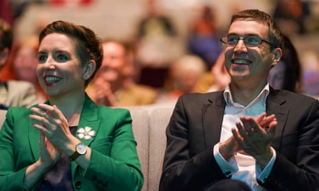 Carla Denyer and Adrian Ramsay clapping during the party’s conference in Harrogate yesterday.