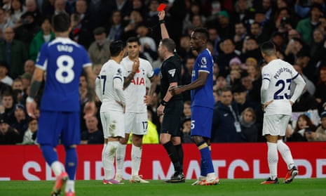 Cristian Romero is sent off for a reckless challenge on Enzo Fernández which also led to a Chelsea penalty.