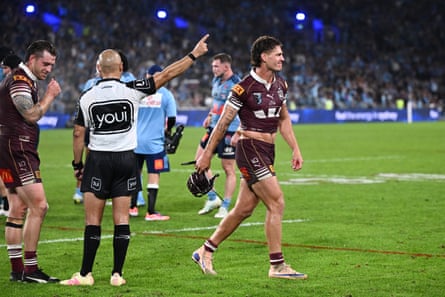 Kalyn Ponga is sent off by referee Ashley Klein in the second half.