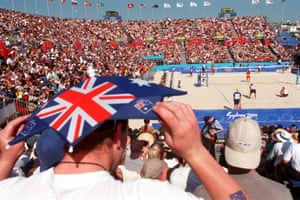 A crowd watches the beach volleyball men’s quarter-final between Portugal and Switzerland at the Beach Volleyball Centre in Bondi.