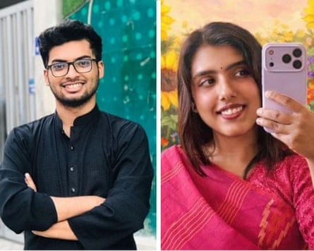 Composite image of a smiling man in a dark collarless shirt, and a smiling woman taking a selfie in a pink sari.