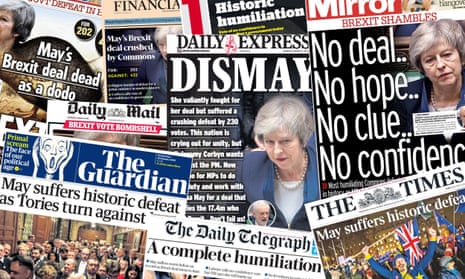 Front pages of the UK papers on Wednesday, 16 January, 2019 after Theresa May loses a crucial vote on a Brexit deal.
