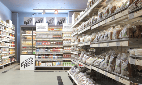 The plastic-free aisle at Ekoplaza supermarket in Amsterdam. The food is wrapped in a compostable biomaterial made from trees and leaves.