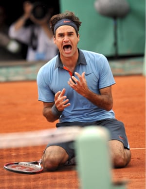 7 Jun 2009, Paris: Ecstasy for Federer as he finally achieved his ambition of a career grand slam by winning the French Open. He defeated Robin Soderling of Sweden, the man who had evicted long time champion Rafael Nadal, in the fourth round.