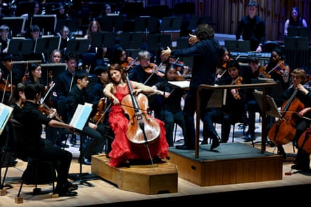 Cellist Inbal Segev with the National Youth Orchestra and conductor Alexandre Bloch